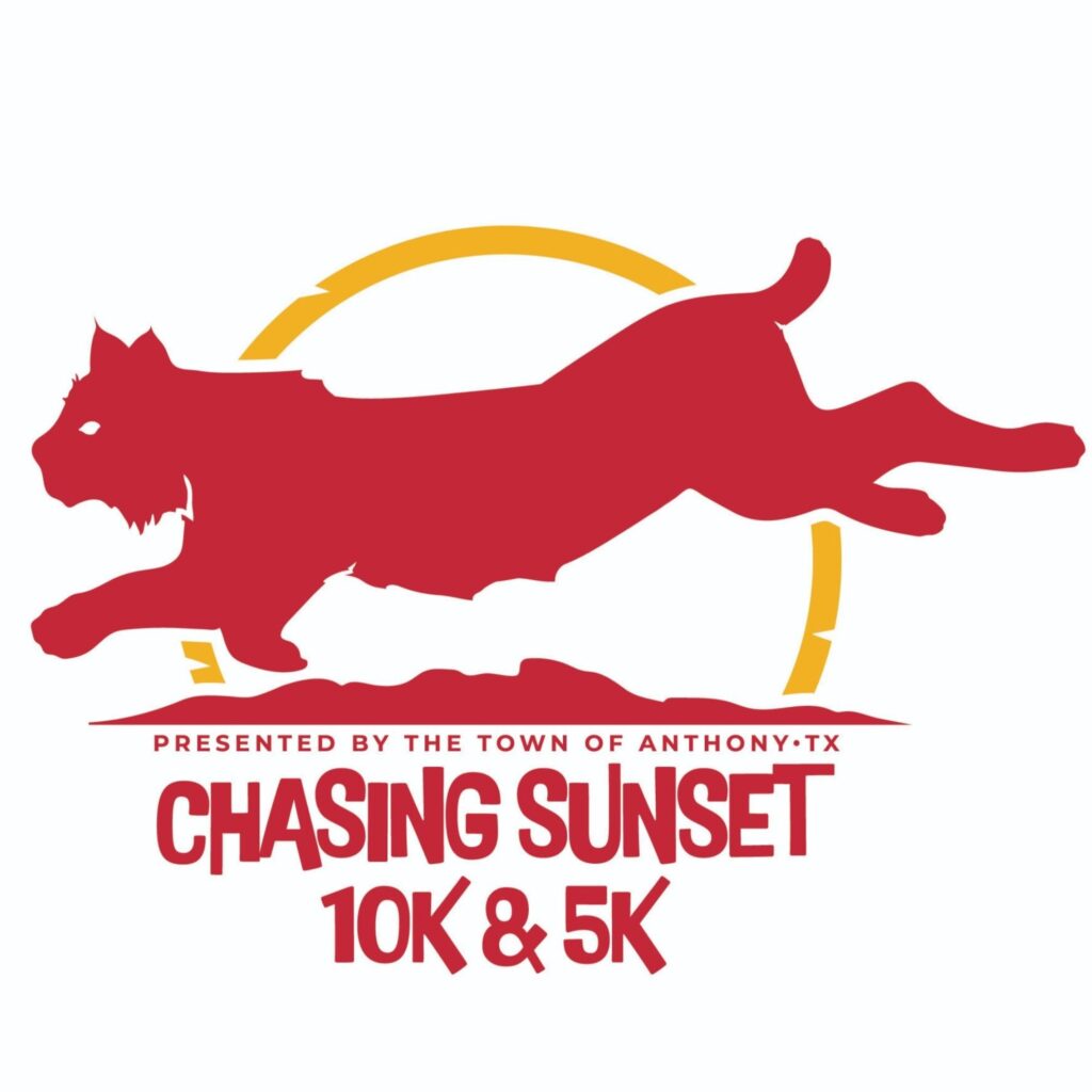 A red and yellow logo for the chasing sunset 1 0 k.